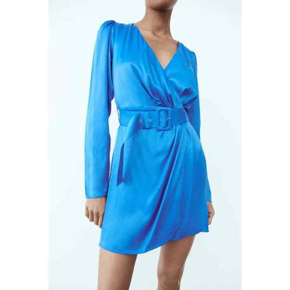 Zara Satin Belted Wrap Style Mini Dress in Blue